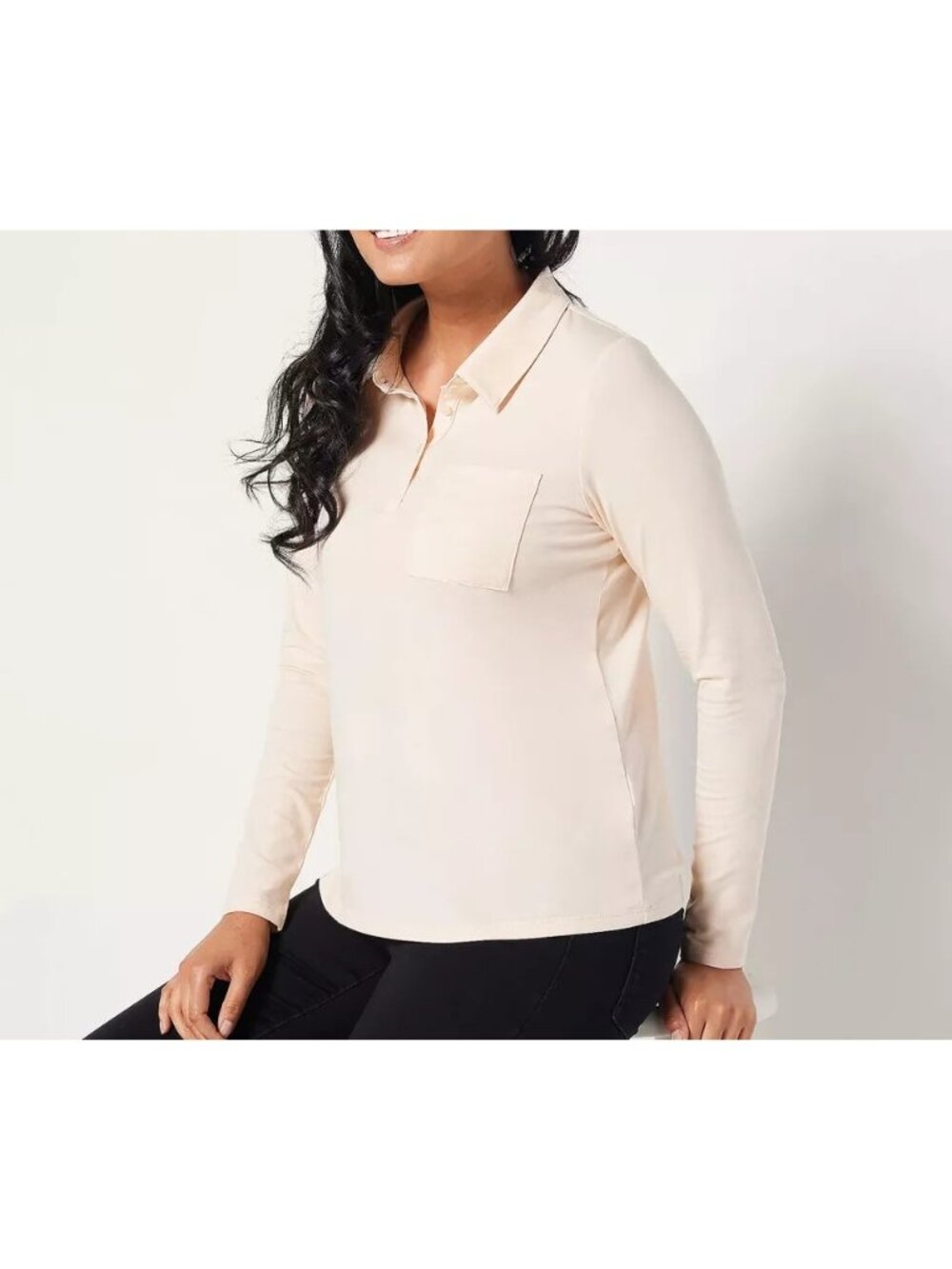 AnyBody Size M Pink Cozy Knit Luxe Long Sleeve Collared Polo Shirt Top